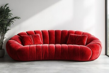 A red couch with pillows on it sits in a room with a potted plant