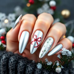 Christmas silver nails with red ribbon decoration