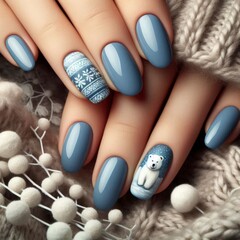 light blue nails with polar bear decoration