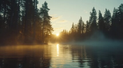Fototapeta premium Sunrise over Finland frost-covered forest lake, golden light, mist hovering over the water, and majestic pines.