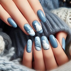 Christmas light blue nails with white bear decoration