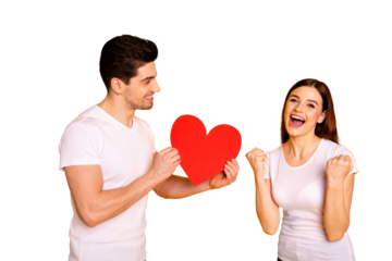 Close up side profile photo beautiful she her he him his guy lady scream shout yell positive answer fiance bride hands arms heart figure postcard wear casual white t-shirts isolated yellow background