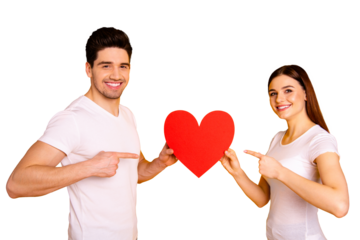 Close up side profile photo amazing beautiful she her he him his guy lady hold hands arms big paper heart shape figure postcard direct finger wear casual white t-shirts isolated yellow background