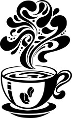 Black and White Stylized Coffee Cup with Steam and Coffee Seeds Vector Illustration for Cafe Wall Decals or Laser Cutting Print Design
