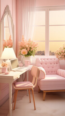 chic modern trendy apartment interior design. trendy green and powdery pink walls. stylish lighting and huge panoramic windows