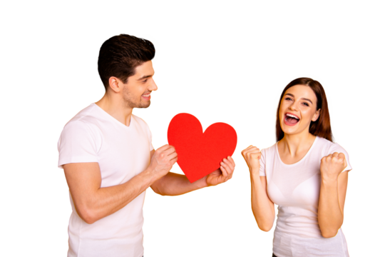 Close up side profile photo beautiful she her he him his guy lady scream shout yell positive answer fiance bride hands arms heart figure postcard wear casual white t-shirts isolated yellow background