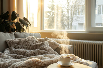 A cozy living room with hot beverage on a table
