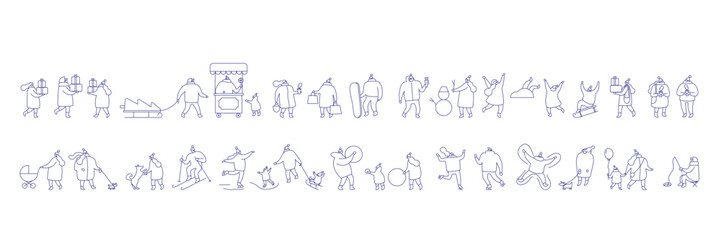 Naklejka premium Winter activities vector set in line art style. People skiing, sledding, skating, playing snowballs, making snowman and snow angels. Minimal outline illustration isolated on white background