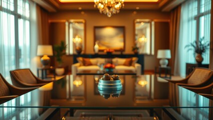 A glass table with a bowl of fruit in the foreground,  the blurred background features a plush living room with a sofa, chairs, and a chandelier
