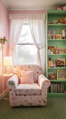 Modern interior design with light wall and green furniture, loft and vintage of living room. Armchair, table with yellow plant in pot, floral curtains, on white wall background