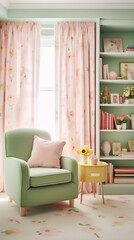 Modern interior design with light wall and green furniture, loft and vintage of living room. Armchair, table with yellow plant in pot, floral curtains, on white wall background