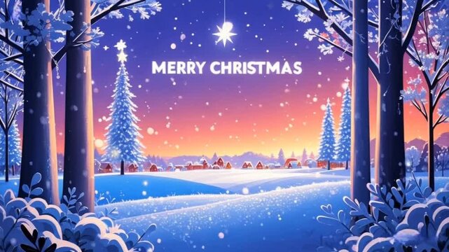 A magical snowy forest under a glowing sunset, with snowflakes gently falling. Decorated Christmas trees and distant village lights create a warm, festive atmosphere with "Merry Christmas" written abo