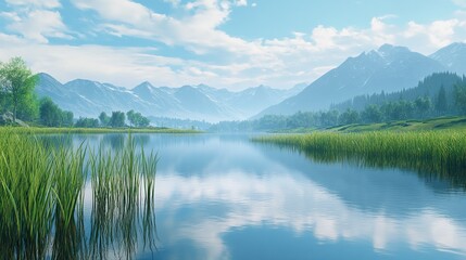 Fototapeta premium A scenic highland lake with clear reflections of the surrounding mountains and tall grass