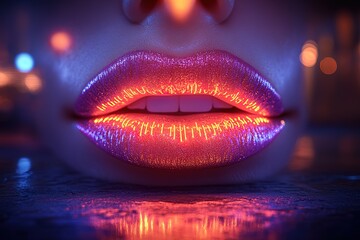 A woman's lips are glowing with neon colors