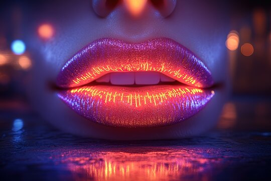 A woman's lips are glowing with neon colors