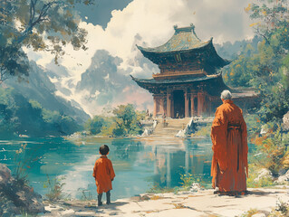 A majestic tower on a hilltop surrounded by morning mist, flocks of storks and sparrows flying around, glowing sunrise hues, traditional Chinese architectural details, serene atmosphere.