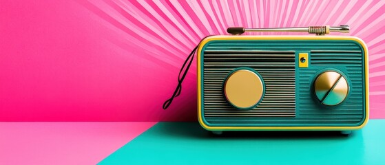 Vintage pop Concept. A vibrant retro radio sits against a colorful background, combining nostalgia with modern design elements and playful hues.