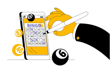 Hand filling out bingo card on phone. Vector illustration on online gambling theme