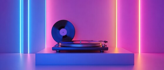 Vintage pop Concept. A stylish turntable with a vinyl record, highlighted by vibrant blue and pink neon lights against a minimalistic backdrop.