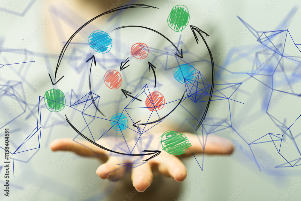 Poster Global network. Blockchain. 3D illustration. Neural networks and artificial intelligence. Abstract  - neural network exposure digital