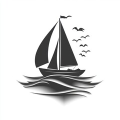 Sailboat silhouette on wavy ocean with birds.