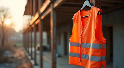 Sunset hues paint the construction site as a lone safety vest hangs, awaiting its wearer. A symbol of dedication and safety.