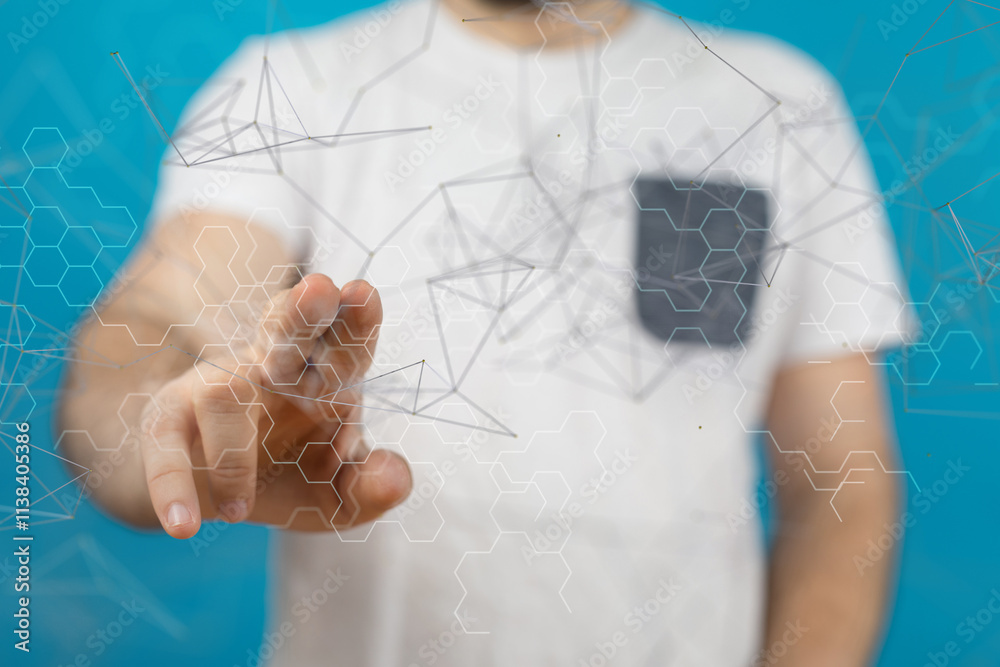 Poster holding 3d rendering group of blue people - neural network exposure digital