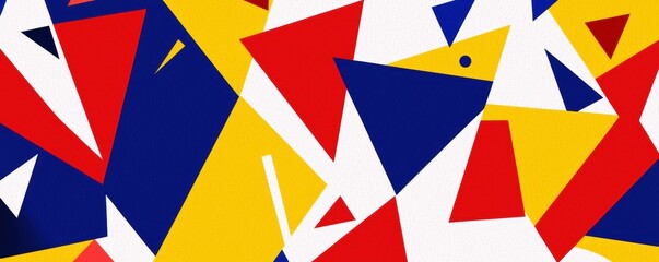 A vibrant abstract design featuring bold geometric shapes in red, blue, yellow, and white, creating a dynamic and energetic visual composition.
