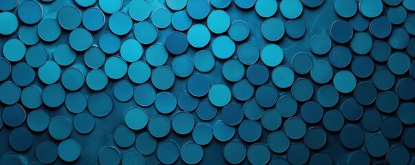 A vibrant arrangement of circular shapes in various shades of blue, creating an abstract pattern that evokes a sense of depth and tranquility.