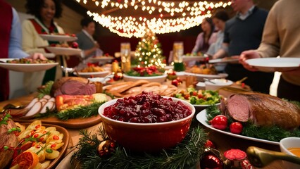 Festive buffet Christmas food centerpiece cranberry sauce holiday table feast celebration dinner