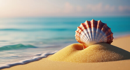 A detailed seashell is placed on fine sand while soft waves lap at the shore during a stunning sunset. The calm water reflects warm colors, creating a serene atmosphere