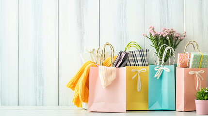 Colorful paper bags are arranged on a light wooden surface with fresh flowers, creating a minimalistic and cheerful shopping scene filled with spring vibes