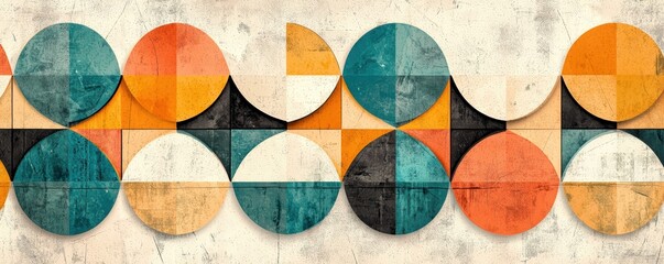 A vibrant, abstract pattern featuring overlapping circles in orange, teal, and black, creating a visually striking geometric design.