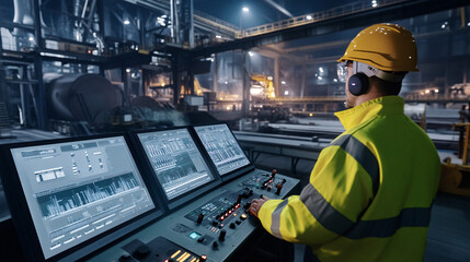 A steel mill operator monitors AI-driven temperature controls in a high-tech industrial environment showcasing advanced technology and professional safety measures
