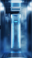 A tall cryogenic storage unit emits a soft blue glow in a high-tech biotech facility, surrounded by swirling mist and metallic walls