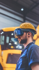 A vertical shot of a technician wearing augmented reality goggles and a safety helmet in an industrial setting showcasing modern technology and innovation