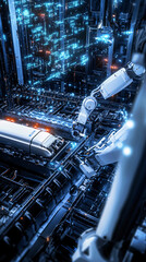 A vertical view of an automated robotic system showcasing precision and advanced technology with glowing circuits and robotic arms in action