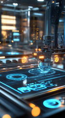 An ai-powered 3d printer creating intricate designs in an industrial setting with glowing interfaces and futuristic technology
