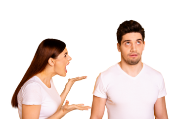 Close up side profile photo beautiful she her he him his guy lady pair blaming yell its your fault aggression awful situation round roll eyes up wear casual white t-shirts isolated yellow background