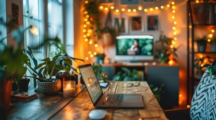 Cozy home office with laptop, plants, and fairy lights.