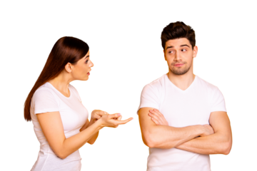 Close up side profile photo two beautiful people she her he him his blame aggression hands arms crossed folded not listen care lecture scolding wear casual white t-shirts isolated yellow background
