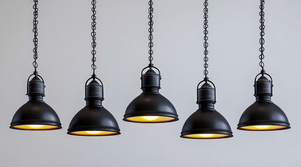 A set of black pendant lights with an industrial style, hanging from the ceiling against a white background.