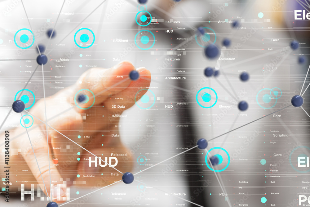 Poster Neural network 3D illustration. Big data and cybersecurity