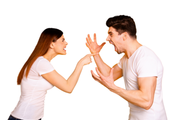 Profile side view portrait of his he her she two attractive angry aggressive nervous annoyed irritated people having fight anger blame isolated over vivid shine bright yellow background