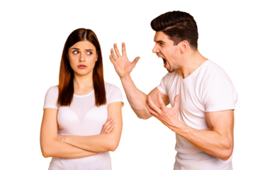 Portrait of his he her she two attractive angry aggressive people having fight anger blame betray isolated over vivid shine bright yellow background
