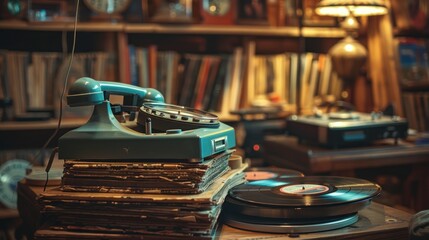 Naklejka premium Vintage teal rotary phone, vinyl records, and retro audio equipment on a stack of old books in a dimly lit room.