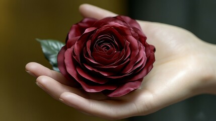 A Dark Red Rose Held Gently In A Hand