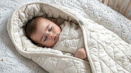 Baby comfortably sleeping in a soft, cozy sleeping bag in a crib. 