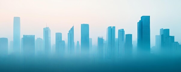 Silhouette of a modern city skyline in a soft blue mist at dawn.