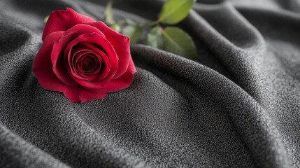 A single red rose rests on dark gray fabric